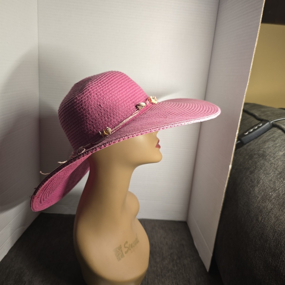 Jacobson Hat Company Pink Straw Sun Hat Wide Brim Seashell Beach Floppy Hat - Picture 3 of 6